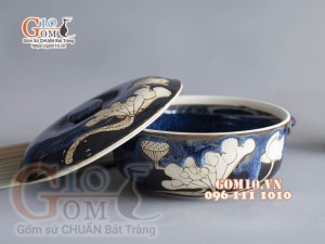 Âu cơm men hỏa biến xanh đá khắc sen, 19.5cm