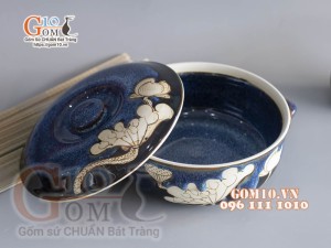Âu cơm men hỏa biến xanh đá khắc sen, 19.5cm