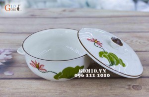 Âu cơm men kem họa tiết Sen Đỏ, đường kính 20cm