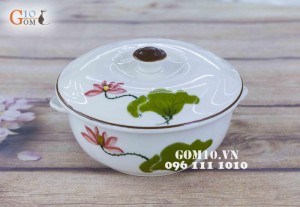 Âu cơm men kem họa tiết Sen Đỏ, đường kính 20cm