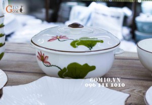 Âu cơm men kem họa tiết Sen Đỏ, đường kính 20cm