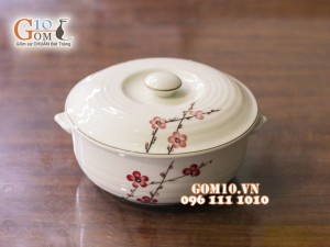 Âu cơm men kem vẽ hoa Đào đỏ 16cm