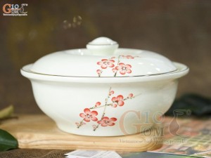 Âu cơm men kem vẽ hoa đào đỏ, 20cm