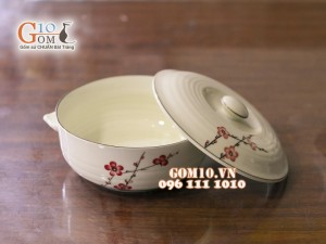 Âu cơm men kem vẽ hoa Đào đỏ 16cm