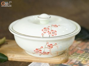 Âu cơm men kem vẽ hoa đào đỏ, 20cm