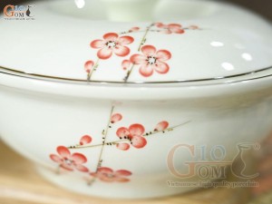 Âu cơm men kem vẽ hoa đào đỏ, 20cm