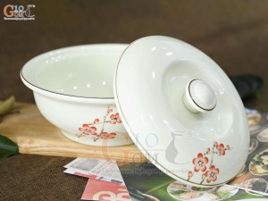 Âu cơm men kem vẽ hoa đào đỏ, 20cm