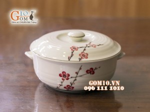 Âu cơm men kem vẽ hoa Đào đỏ 20cm