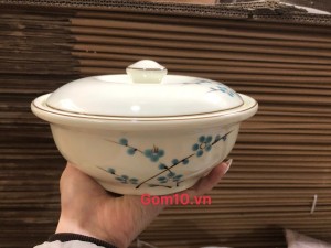 Âu cơm men kem vẽ hoa đào xanh, 20cm