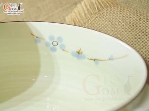 Âu cơm men kem vẽ hoa Đào xanh, đường kính 16cm
