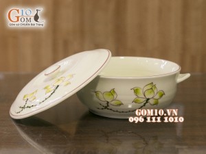Âu cơm men kem vẽ hoa Sen vàng 16cm