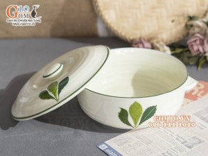 Âu cơm men kem vẽ lá Ngò gai, đường kính 20cm