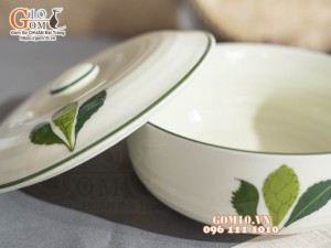 Âu cơm men kem vẽ lá Ngò gai, đường kính 20cm