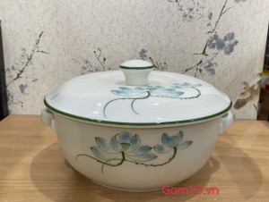 Âu cơm men kem vẽ sen xanh - Chỉ xanh, đường kính 20cm