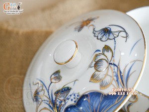 Âu cơm men trắng hoa Sen tràm cổ vẽ vàng 24k, đường kính 16cm