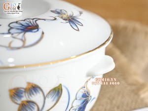 Âu cơm men trắng hoa Sen tràm cổ vẽ vàng 24k, đường kính 16cm