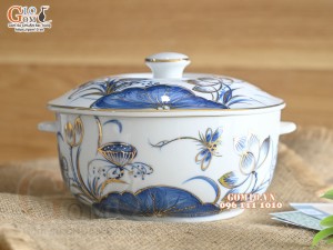 Âu cơm men trắng hoa Sen tràm cổ vẽ vàng 24k, đường kính 16cm