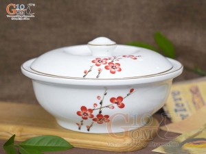 Âu cơm men trắng vẽ hoa Đào đỏ, đường kính 20cm