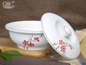 Âu cơm men trắng vẽ hoa Đào đỏ, đường kính 20cm