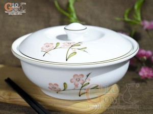 Âu cơm men trắng vẽ hoa Đào hồng, đường kính 20cm