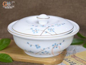 Âu cơm men trắng vẽ hoa Đào xanh, đường kính 20cm