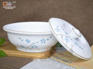 Âu cơm men trắng vẽ hoa Đào xanh, đường kính 20cm
