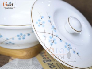 Âu cơm men trắng vẽ hoa Đào xanh, đường kính 20cm