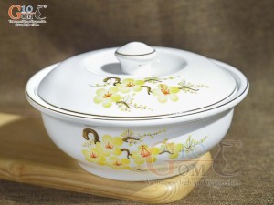 Âu cơm men trắng vẽ hoa Mai vàng, đường kính 20cm