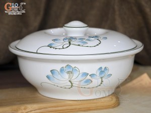 Âu cơm men trắng vẽ hoa Sen xanh, đường kính 20cm