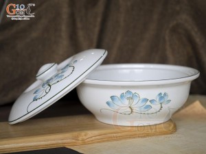 Âu cơm men trắng vẽ hoa Sen xanh, đường kính 20cm