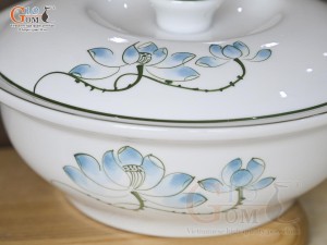 Âu cơm men trắng vẽ hoa Sen xanh, đường kính 20cm