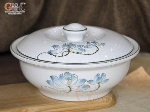 Âu cơm men trắng vẽ hoa Sen xanh, đường kính 20cm