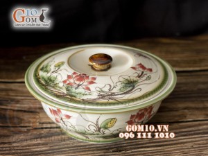 Âu cơm men vuốt họa tiết vẽ Sen đỏ, đường kính 20cm