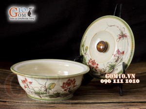 Âu cơm men vuốt họa tiết vẽ Sen đỏ, đường kính 20cm