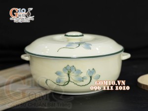 Âu cơm men kem vẽ hoa Sen xanh, đường kính 20cm