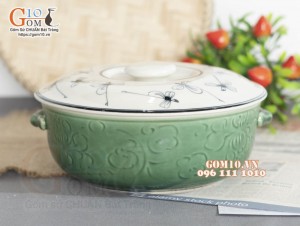 Âu cơm xanh đồng vẽ Chuồn kim, đường kính 20cm