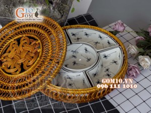 Bộ khay sứ đựng thức ăn họa tiết Chuồn chuồn tràm cổ