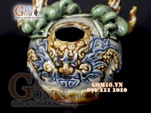Bình vôi tài lộc men rạn đắp nổi đầu rồng, cao 17cm