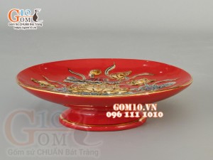 Mâm bồng Đỏ đắp nổi Sen - vẽ vàng 24k, đường kính 25cm