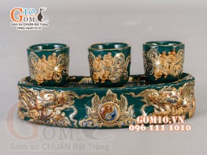 Kỷ cong 3 chén Xanh lục bảo đắp nổi Rồng - vẽ vàng 24k