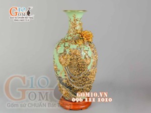 Bảo bình đắp nổi Công Đào vẽ vàng 24k, nền xanh ngọc - cao 65cm