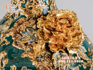 Bảo bình đắp nổi Công Đào vẽ vàng 24k, xanh lục bảo - cao 65cm