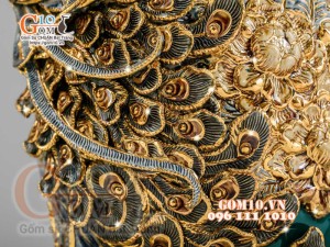 Bảo bình đắp nổi Công Đào vẽ vàng 24k, xanh lục bảo - cao 65cm