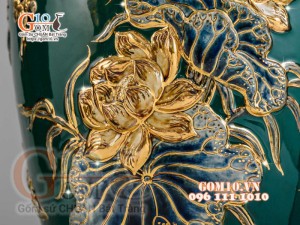 Bảo bình đắp nổi Công Đào vẽ vàng 24k, xanh lục bảo - cao 65cm