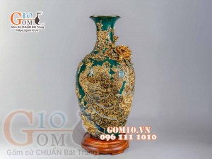 Bảo bình đắp nổi Công Đào vẽ vàng 24k, xanh lục bảo - cao 65cm