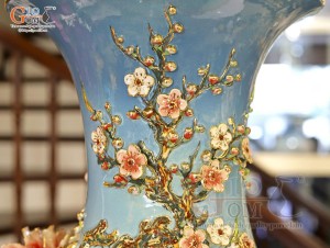 Bảo bình men loang xanh đắp nổi Kim Kê Đại Cát vẽ vàng 24k, cao 85cm