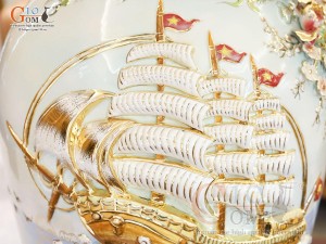 Bảo bình men loang xanh đắp nổi Thuận Buồm Xuôi Gió vẽ vàng 24k, cao 85cm
