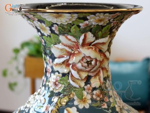 Bảo bình men loang xanh đắp nổi Trăm Hoa Hồ Điệp vẽ vàng 24k, cao 70cm