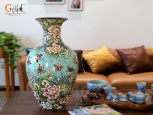 Bảo bình men loang xanh đắp nổi Trăm Hoa Hồ Điệp vẽ vàng 24k, cao 70cm