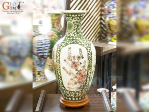 Bảo bình men màu bổ khung Tứ Cảnh Phú Quý vẽ vàng 24k, cao 60cm